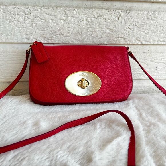 COACH Red Leather Flap Turnlock Crossbody Handbag 52896 - Picture 2 of 10